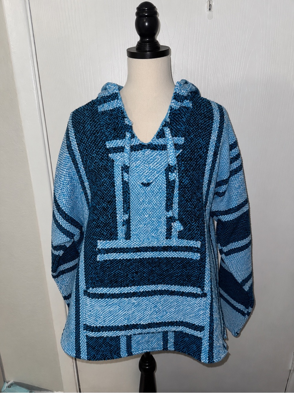 Mexican Baja Hoodie Blue Woven Pullover Hooded Drug Rug Style Made in Mexico